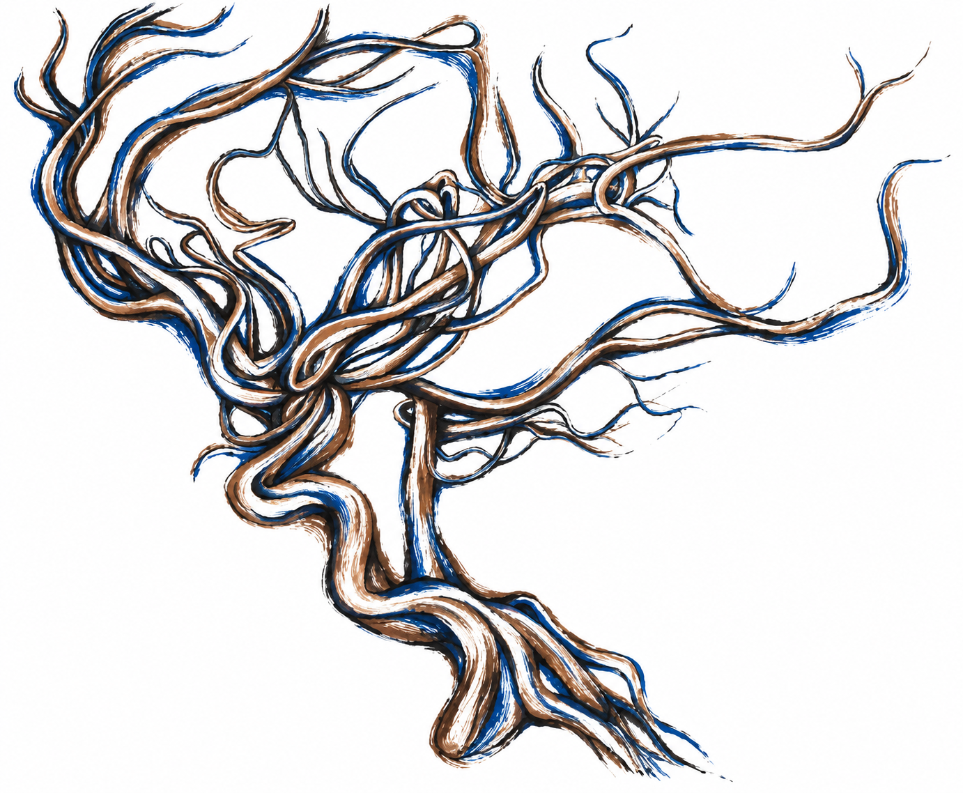 Sanguínea’s branching forms reinterpreted in black, sepia, and cobalt blue ink.