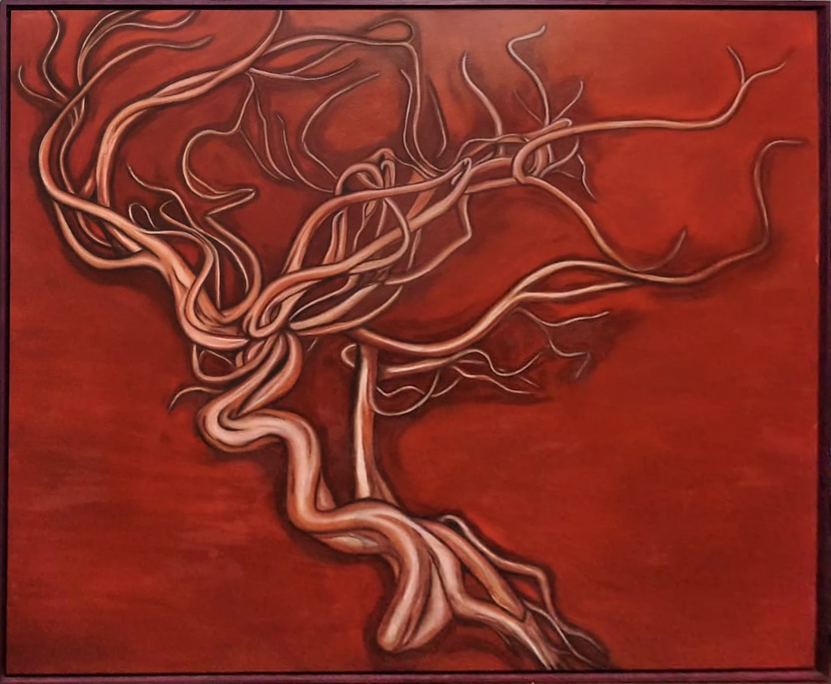 Sanguínea: branching organic forms on a red field, in a purpleheart wood frame.